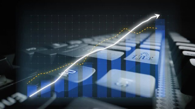 Close-up of a keyboard with a data chart overlay showing an upward trend. This image represents growth, technology, and business performance in modern settings. Copula