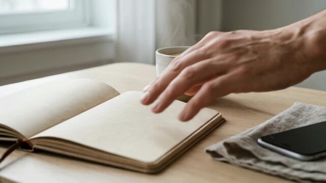 Hand holding ceramic cup beside open notebook wooden table with steaming cup smartphone nearby cozy