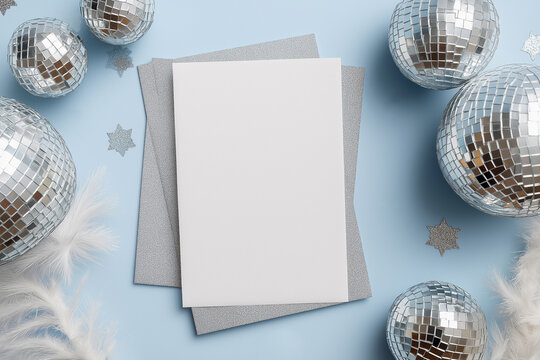 Marbled invitation card in an open envelope surrounded by disco balls on blue background. Party, celebration, New Year, Christmas, birthday, glam.