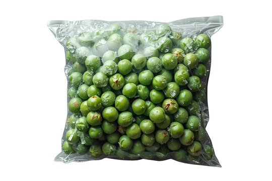 Frozen green plums in a transparent plastic bag, preserving fresh greengage fruit for healthy eating and cooking