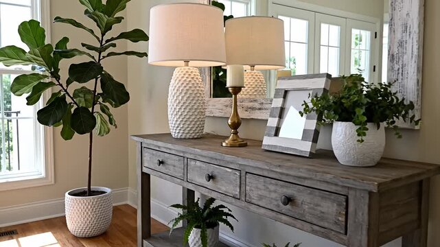 Elegant home entryway with console table, lamps, plants, and mirror