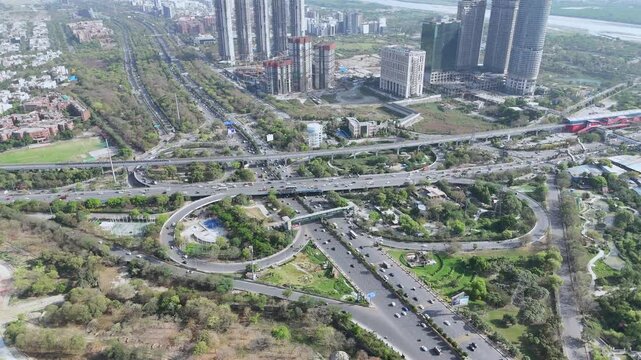 Aerial view of Noida Agra Highway round circle flyover at Okhla bird sanctuary in Noida, Uttar Pradesh