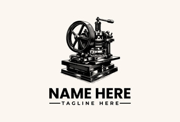 Fototapeta premium Black and white illustration of a vintage printing press with a logo and tagline text on a clean background, conveying a classic and industrial feel.