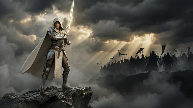 Strategic figure stands atop rocky hill overseeing army movement