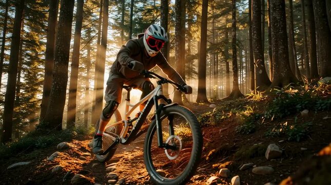 Mountain biker riding through forest trail at sunrise, golden sunlight beams through trees, dynamic action shot, motion blur, adventure sports photography, ultra realistic, 8k, no logo, no text,