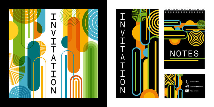 Carte d&rsquo;invitation, flyer, carnet, carte de visite, avec des formes abstraites color&eacute;es, graphiques et moderne - fond blanc ou noir.