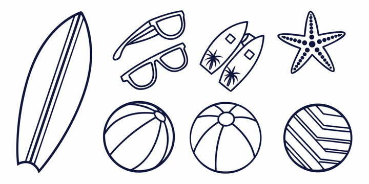 Beach including surfboard starfish and beachball sunglasses