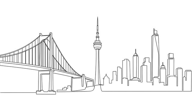 A black and white line drawing of a city skyline with a bridge on transparent background