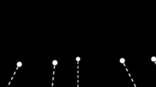 Abstract white glowing dots with rising dashed lines on black background, minimalist geometric motion