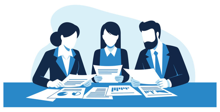 Three diverse business professionals in dark suits at table reviewing documents charts and reports