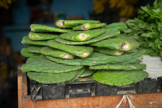 Pile of fresh green nopales cactus pads ready for cooking or sale at a market in Merida Mexico.