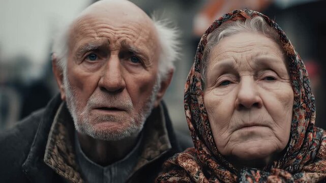 Caucasian aged couple gazing thoughtfully in a bustling street filled with people during a chilly afternoon in an urban setting