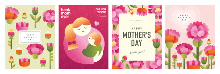 Set of Mother's Day greeting cards and posters with flowers, mother and child, floral frames and typography in soft pastel flat geometric illustration style for spring celebration. © LittleWhale