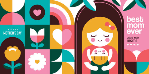 Mother's Day geometric greeting banner with woman holding baby, flowers, hearts and colorful retro shapes in flat illustration style with decorative typography and abstract layout. © LittleWhale