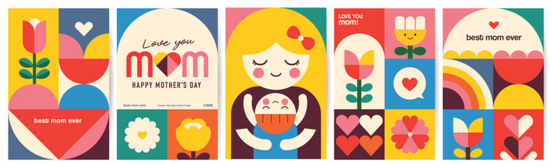 Set of Mother's Day greeting cards with flowers, hearts, mom text, baby portrait and colorful retro geometric shapes in flat illustration style for posters, covers and banners. © LittleWhale