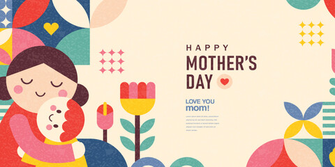 Happy Mother's Day greeting banner with cute girl, pomegranate, flowers, leaves and decorative typography in colorful flat geometric illustration style on abstract background. © LittleWhale