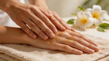 Fototapeta premium Hands receiving oil treatment with flower