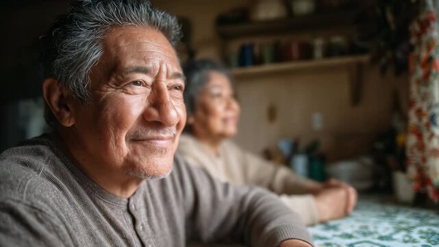 Gentle senior couple at home. Warm portrait of an older man looking away with a smile, with his wife softly blurred in the background. Peaceful retirement, family connection, cozy atmosphere.