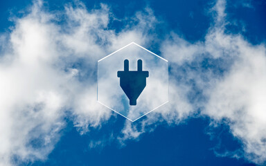 Naklejka premium Electric plug icon on glass hexagon in blue sky with clouds renewable energy green power and sustainable technology concept