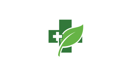 Fototapeta premium Green medical cross with a fresh leaf, symbolizing natural health, holistic medicine, herbal remedies, and eco-friendly pharmacy care