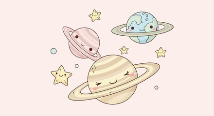 Four Cute Happy Cartoon Planets with Faces and Stars on a Gentle Pink Background © Galax