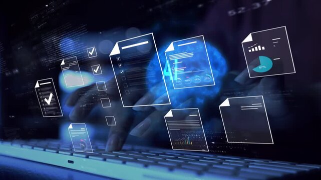 Ai Futuristic Document management concept, check electronic documents on digital documents on virtual screen Document Management System and process automation to efficiently document paperless operate