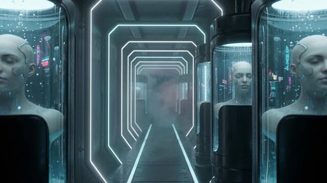 Caucasian androids in glass containers under neon laboratory lighting