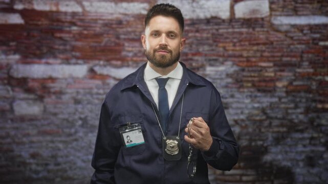 Man police detective holding handcuffs and badge, id clipped to jacket, hand on chest and tie visible in studio; duty integrity.