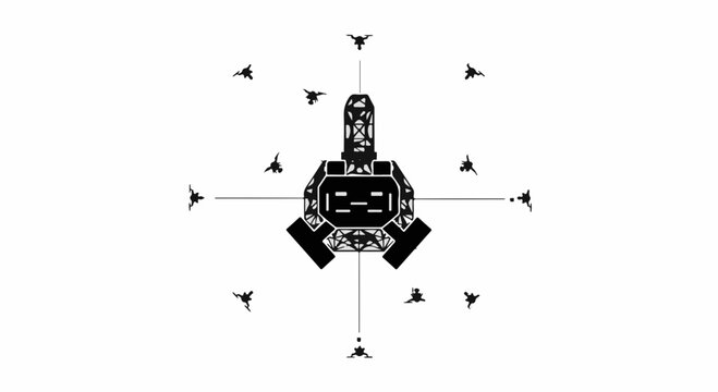 Futuristic robot head with radiating signals on white background