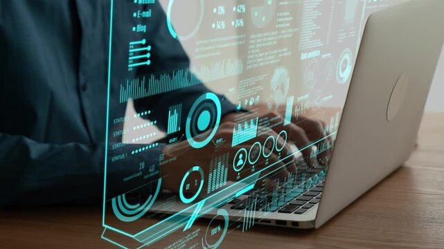 A professional uses a laptop to analyze business data with digital analytics tools, showcasing modern technology and data-driven strategies in a contemporary office setting. Cipher