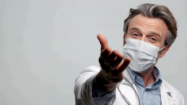 Medical professional wearing a mask and white coat stands confidently with stethoscope in a clinical setting during daylight hours