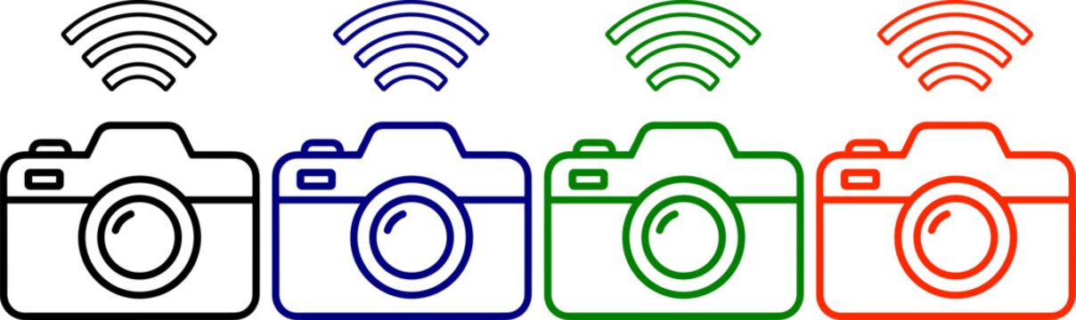 Camera icons with wifi signal set in black blue green and red for wireless photography