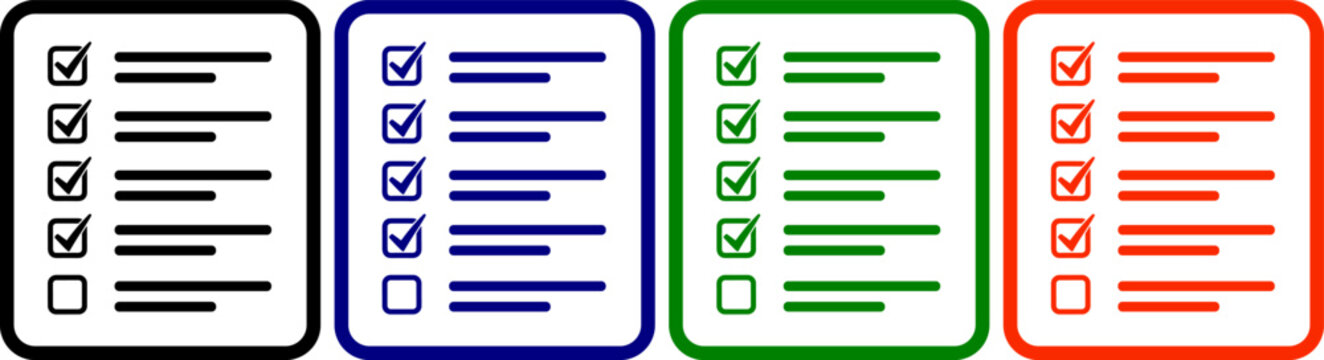 Checklist icons set with boxes for notes and tasks Black blue green orange colors on transparent background