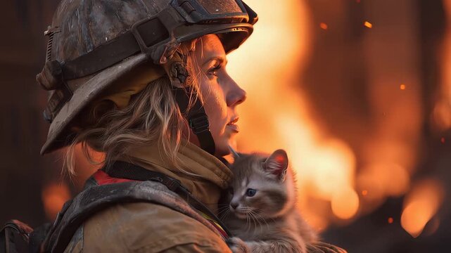 Female firefighter successfully rescues a kitten from a blazing fire, showcasing bravery and compassion in a critical emergency situation