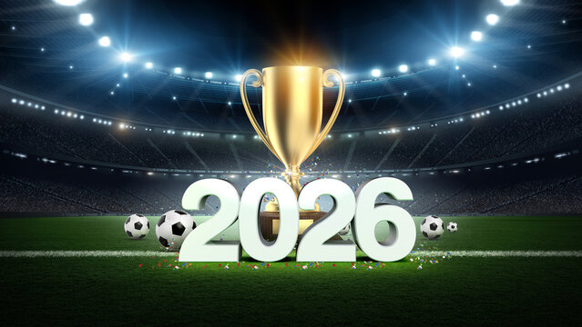 Golden Trophy, balls and 2026 text on football stadium field with bright spotlights.