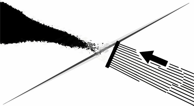 Abstract representation of a dark cloud being deflected by a barrier with an arrow indicating direction.