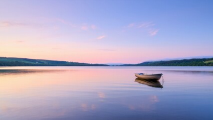 Obraz premium Serene Lake at Sunrise with Lone Boat