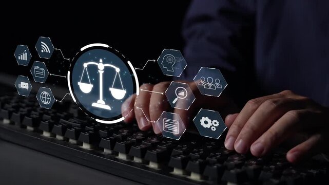 Futuristic digital law interface displaying justice scale, highlighting digital law, AI compliance, digital law systems, and digital law regulations for secure governance. Muxer