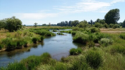 Obraz premium Clean river flowing through grassy wetlands rich in native flora