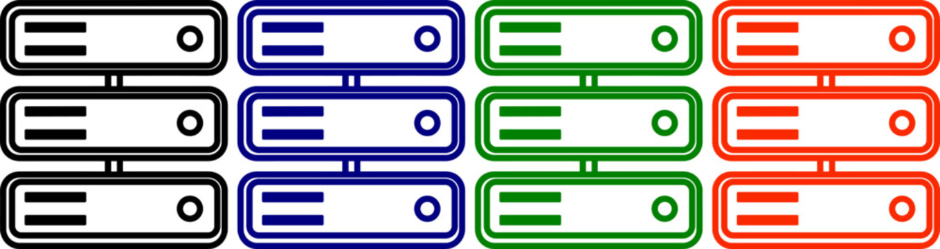 Computer server rack icons set in black blue green and red for technology theme