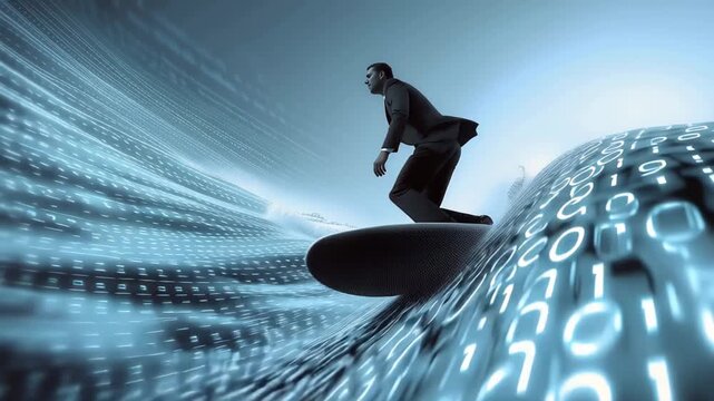 Businessman skillfully surfing on dynamic binary code waves in a futuristic digital environment