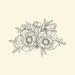 Fototapeta premium Hand Drawn Anemone and Wildflowers Bouquet Vector