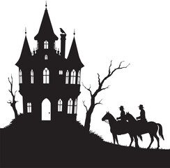 Haunted Victorian Mansion Silhouette With Two Cowboys Riding Horses © Khilal