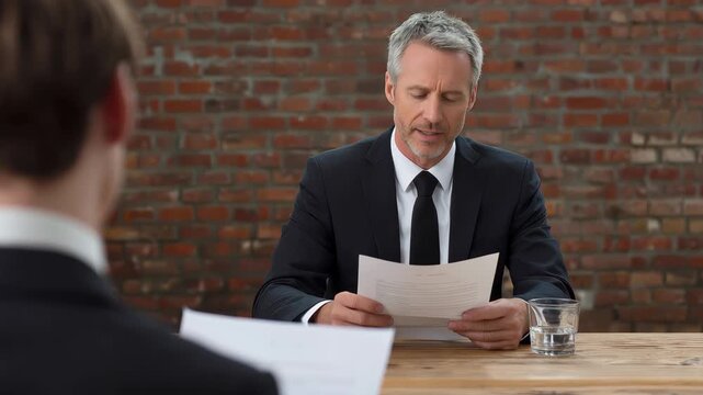 Employer conducts interview with candidate after reviewing qualifications and discussing potential job responsibilities in a professional setting