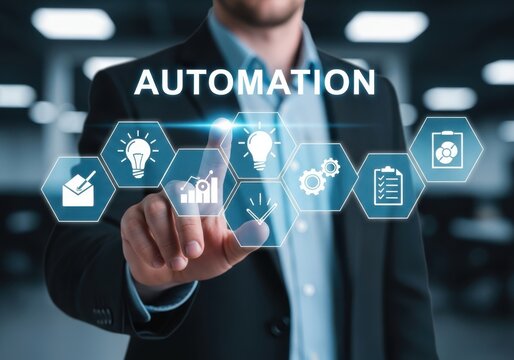 Businessman interacting with automation icons on a futuristic interface