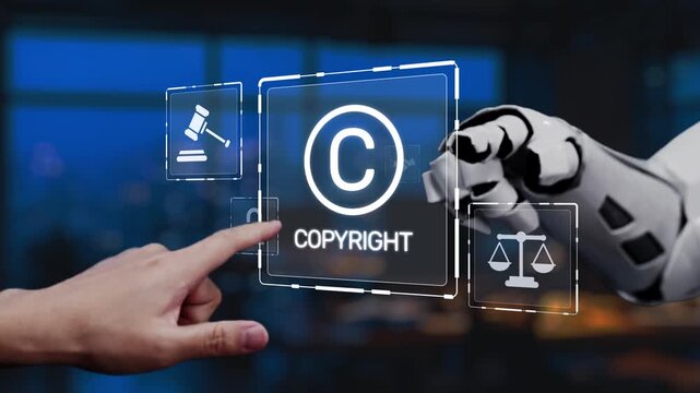 A human finger points at a digital copyright symbol as a robotic hand interacts with futuristic interface icons, symbolizing the blend of law and technology in a modern workspace. Synapse