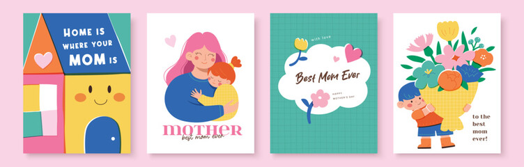 Set of Happy Mother's Day greeting cards with home, mother and child, floral bouquet, speech bubble and typography in flat geometric style on soft pastel pink background design art. © LittleWhale