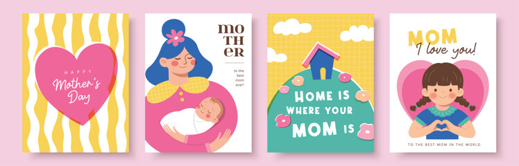 Set of Happy Mother's Day greeting cards and posters with mother and child, heart, flowers, home and typography in flat geometric style with soft pastel colorful design elements. © LittleWhale