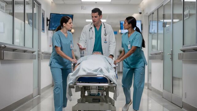 doctor consulting with nurses while escorting patient on gurney