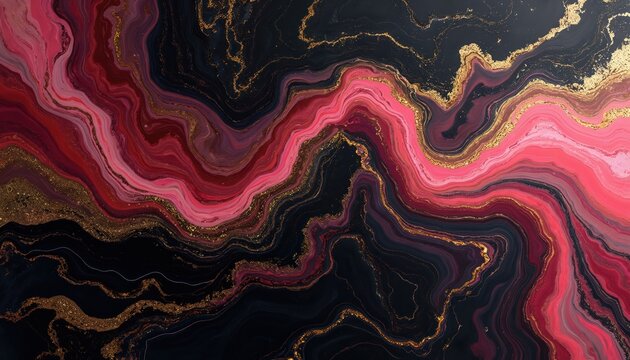 Black pink and gold marble pattern with wavy lines and texture. Fluid abstract background with luxurious veins. Luxury material with metallic glitter effect.